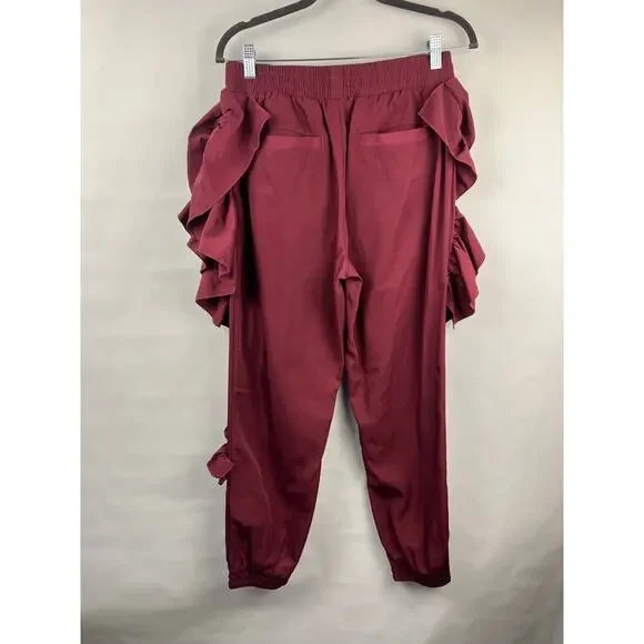 ASOS Ruffle Tapered Pants, Wine Red, 100% Polyester, Statement Joggers Lounge - Picture 9 of 13